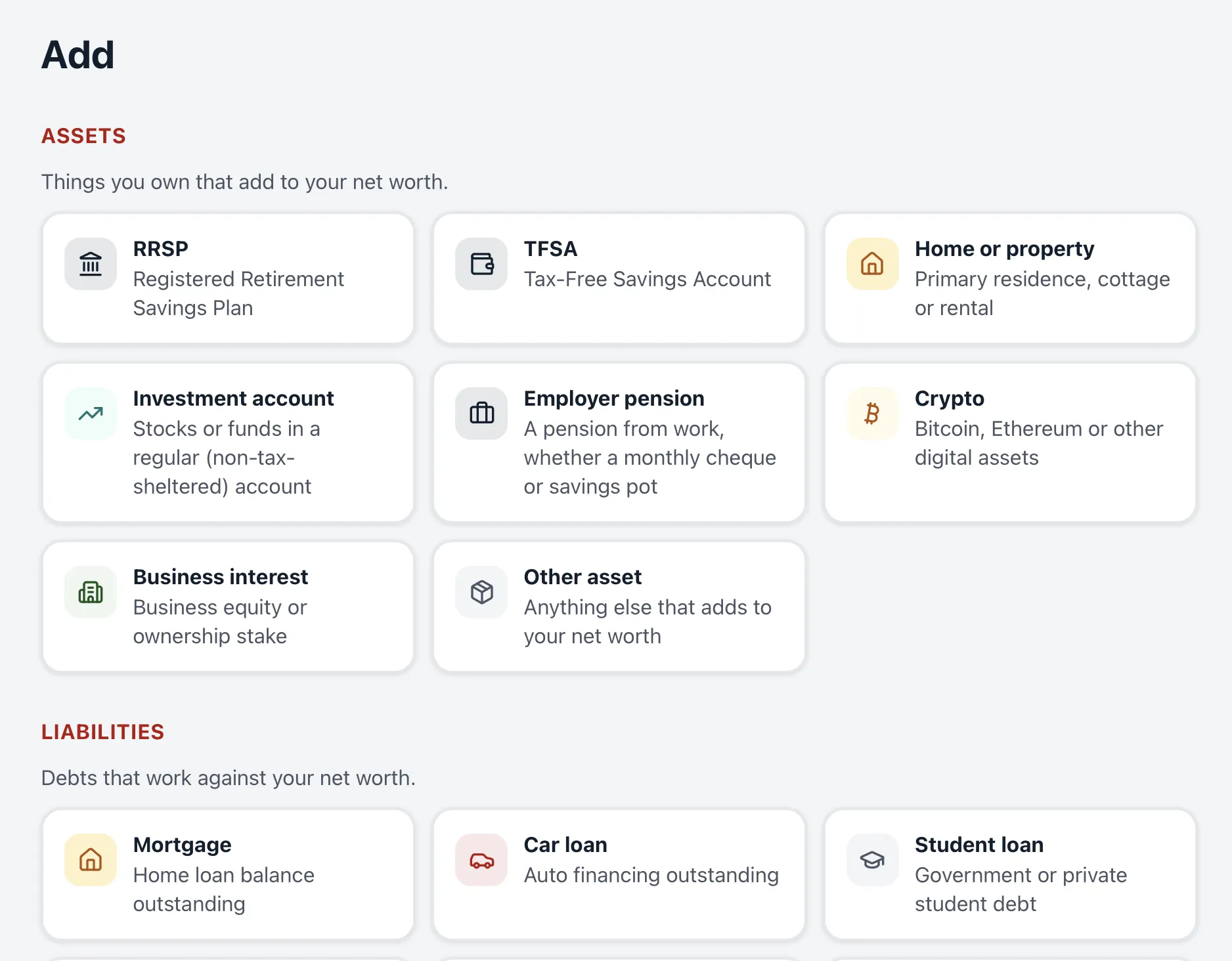 TruePath app screen for adding RRSP, TFSA, pensions, real estate and debts. Every field has a microphone icon for voice input.