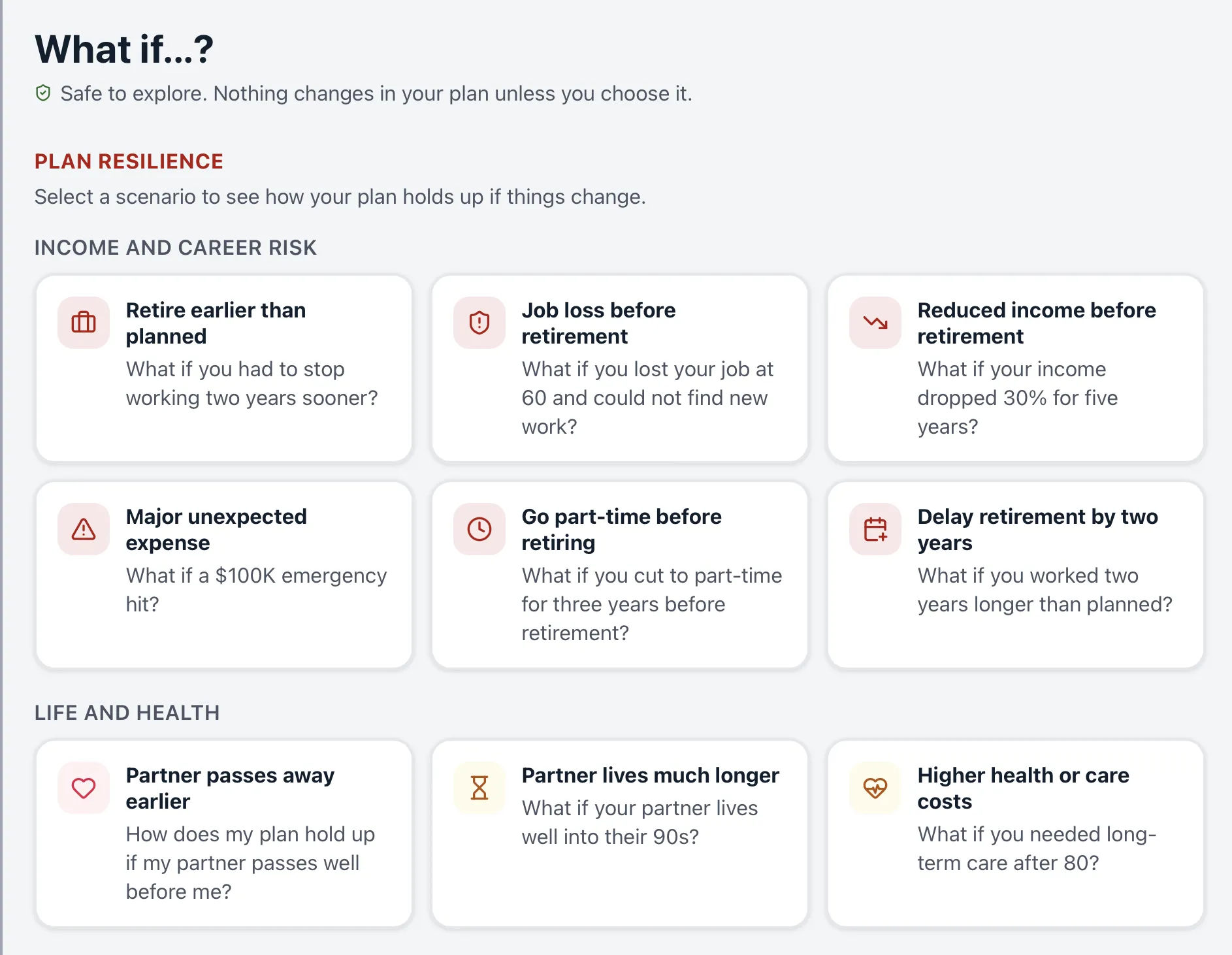 TruePath What if...? screen for trying retirement scenarios safely, with options like retiring earlier or selling property.